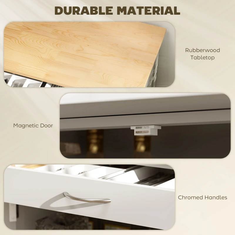 HOMCOM Rolling Kitchen Cart, Kitchen Island with Storage Drawer, 9-bottle Wine Rack, Door Cabinets, Wooden Countertop, White