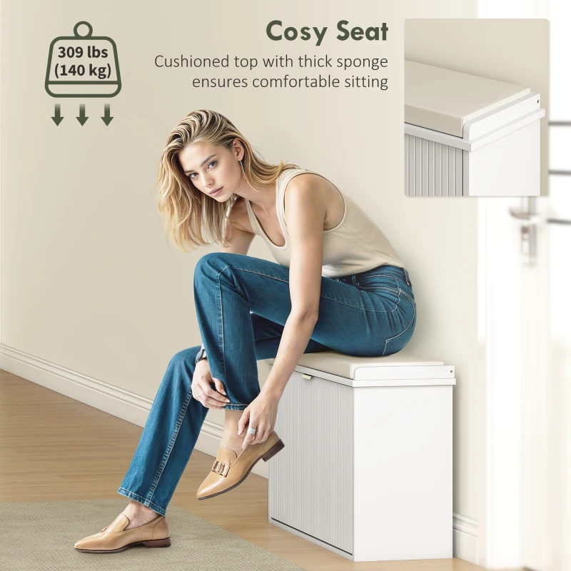 HOMCOM Entryway Bench with Padded Seat and Flip-Drawers, Holds up to 265lbs, Shoe Storage Bench for 8 Pairs of Shoes, White
