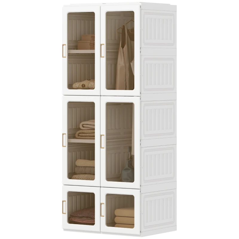 HOMCOM Portable Wardrobe, Foldable Plastic Closet with 6 Compartments, Hanging Rod and Magnetic Doors, White