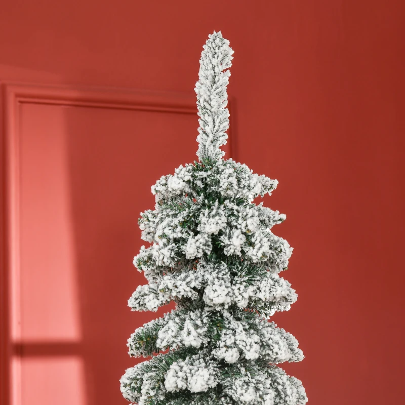 HOMCOM 7ft Snow-Flocked Artificial Christmas Tree, Slim Pencil Xmas Tree with 490 Realistic Branches, Metal Base, Green