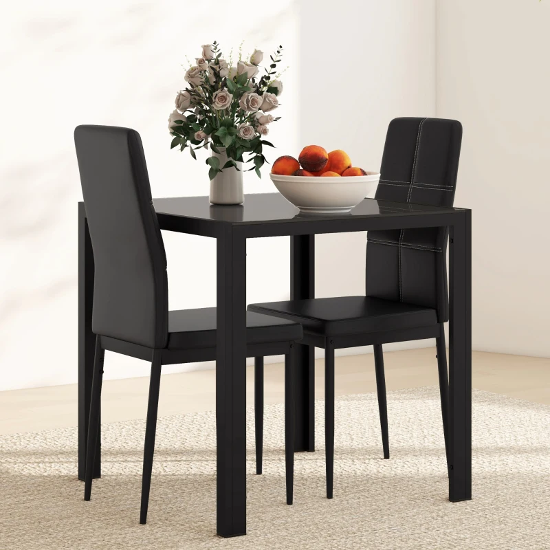 HOMCOM 3-Piece Rectangular Glass Kitchen Table and Chairs with Metal Frame and Faux Leather Upholstery for Dining Room, Black