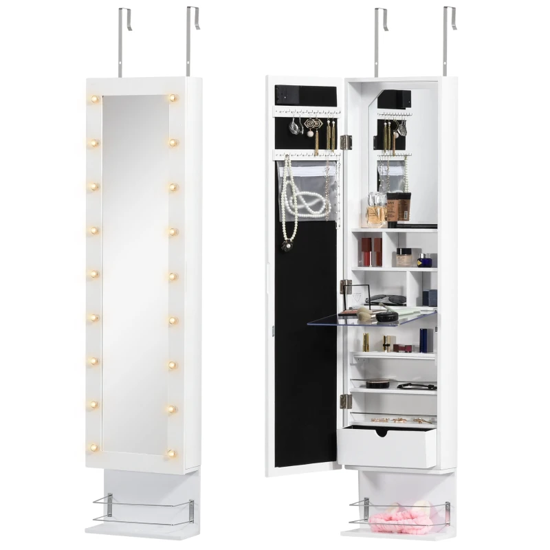 HOMCOM Mirror Jewellery Cabinet Armoire, Jewellery Organizer with 18 LED Lights, Wall-Mounted and Over-The-Door Cabinet with 3 Mountable Heights, Drawer and Open Shelf, White