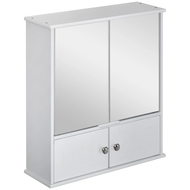 kleankin Medicine Cabinet with Mirror, Bathroom Wall Cabinet with 2 Mirrored Doors, 2 Modern Doors and Adjustable Shelf, White