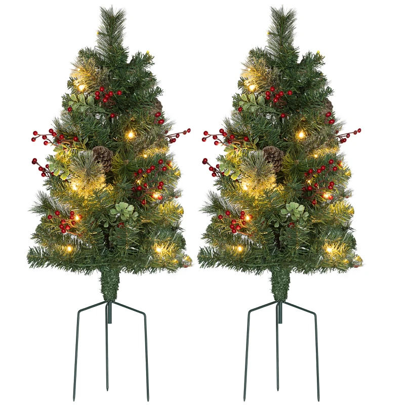 HOMCOM 2ft 2 Pack Artificial Christmas Tree, Pre Lit Christmas Tree with Red Berries and Pine Cones, Battery Operated, Green