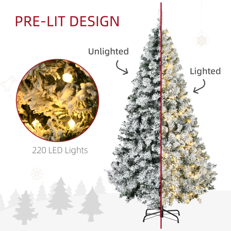 HOMCOM 6ft Artificial Prelit Christmas Tree with Warm White LED Light, Snow Flocked Branches, Metal Base, Xmas Tree