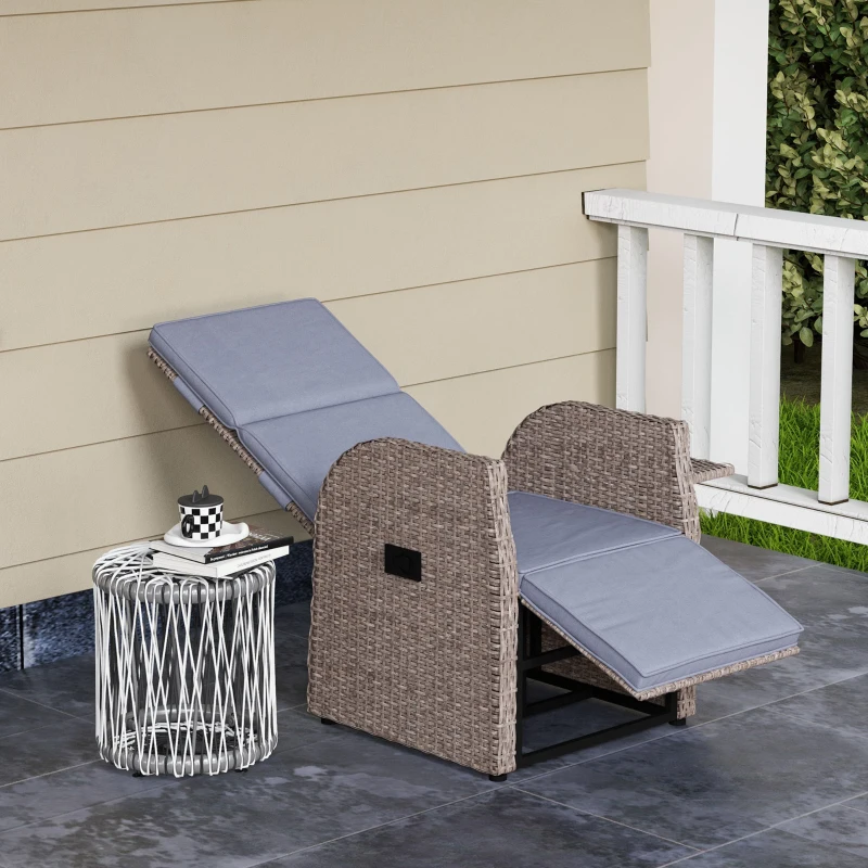 Outsunny Outdoor Recliner Chair with Adjustable Backrest & Footrest, Cushion, Side Tray, Grey