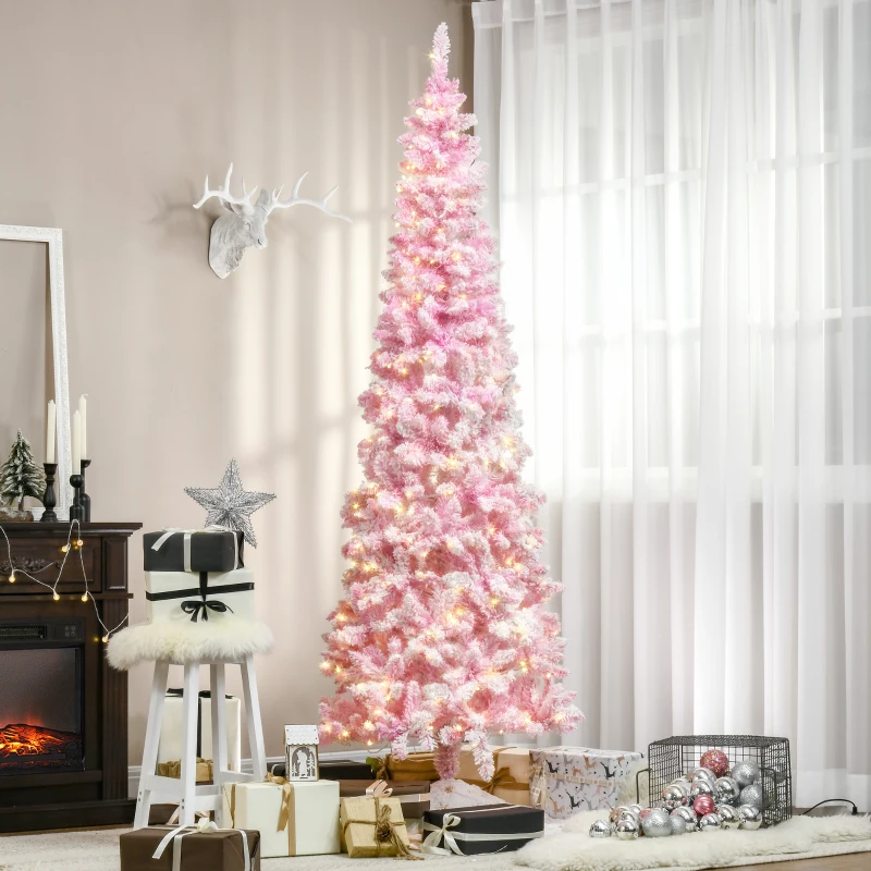 HOMCOM 7.5 Foot Prelit Snow Flocked Artificial Christmas Tree with Pencil Shape, 700 Pine Realistic Branches, Warm White LED lights, Auto Open, Pink and White
