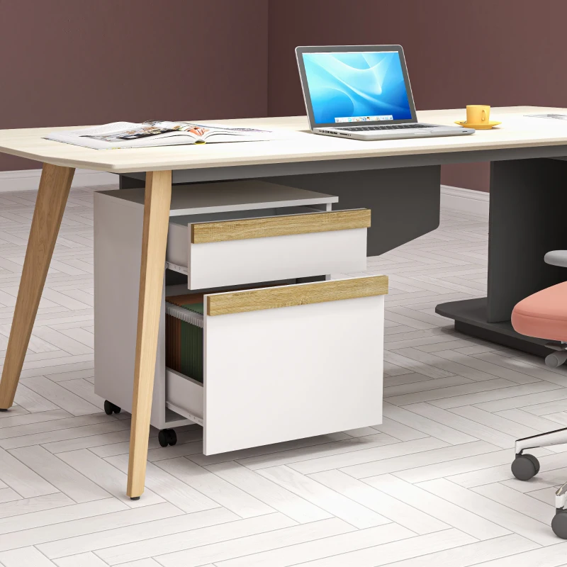 Vinsetto Mobile Filing Cabinet with 2 Drawers, Office Storage Cabinet with 5 Wheels, White Wood Grain