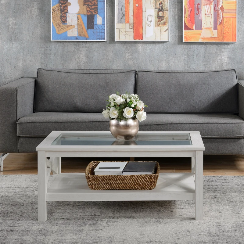 HOMCOM Farmhouse Coffee Table with Tempered Glass Table Top, 2-tier Center Table with Bottom Storage Shelf for Living Room, Bedroom