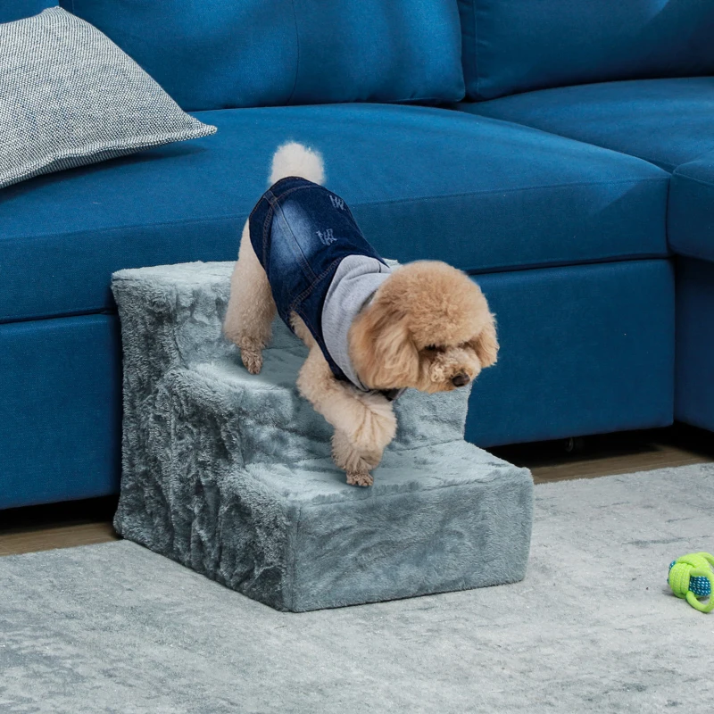 PawHut 3-Step Dog Ramp for Sofa, Bed, and Couch, with Removable Cover, Light Grey
