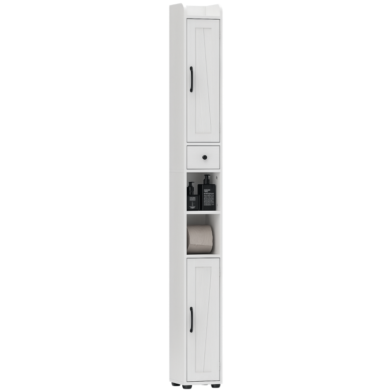 HOMCOM Narrow Bathroom Cabinet, Tall Bathroom Storage Cabinet with Barn Doors, Drawer and Adjustable Shelves, White Wood Grain