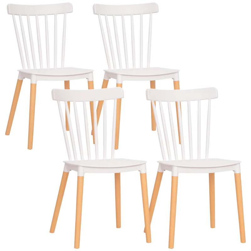 HOMCOM Dining Chairs Set of 4, Modern Kitchen Chair with Slatted Back, PP Seat, Beechwood Legs for Living Room, White