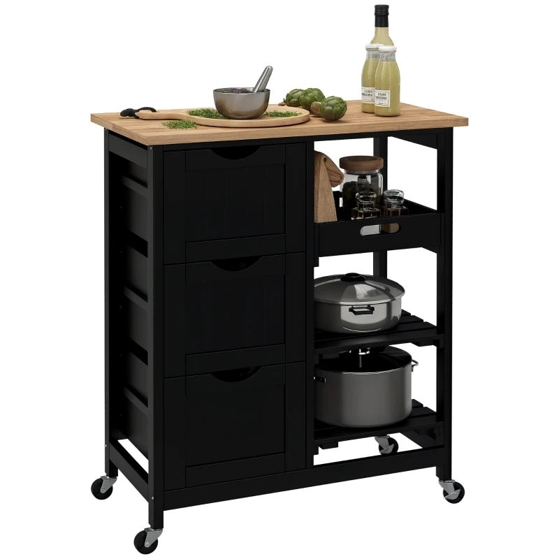 HOMCOM Kitchen Cart on Wheels, Rolling Kitchen Island Cart with Wood Top, 3 Drawers and Shelves for Home Dining Area, Black