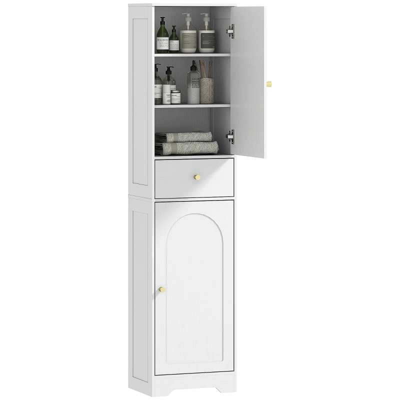 HOMCOM 67" Tall Bathroom Cabinet, Slim Bathroom Storage Cabinet with 2 Doors, Drawer and Adjustable Shelf, White Wood Grain