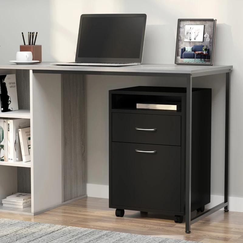 HOMCOM 24" Small Filing Cabinet with Open Compartment, Drawer and Wheels, Home Office Storage Cabinet, Black