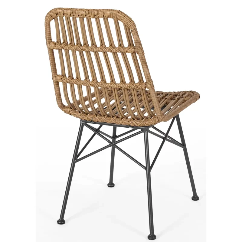 Set of 2 Modern Outdoor Rattan Dining Side Chair with Iron Frame, Round Edges, X-Frame Support, 18" L x 24" W x 35" H, Light Brown+Black