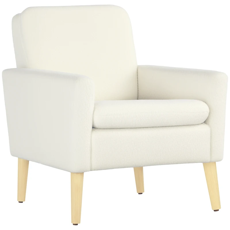 HOMCOM Fabric Accent Chair, Modern Upholstered Armchair with Wood Legs and Wide Padded Seat, Cream White