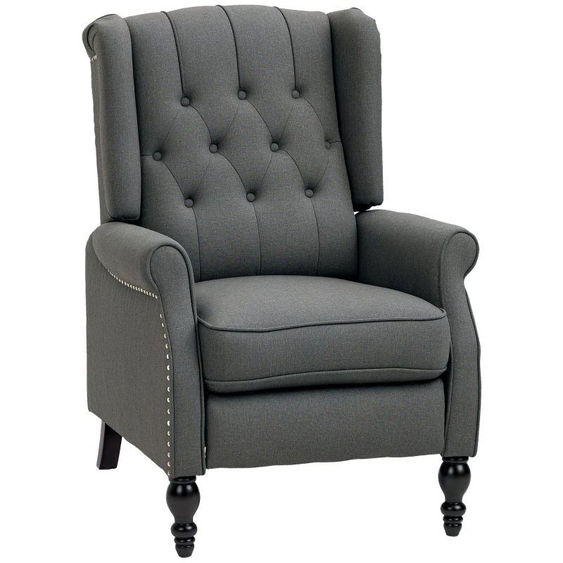 HOMCOM Wingback Reclining Chair with Footrest, Button Tufted Recliner Chair with Rolled Armrests for Living Room, Dark Grey