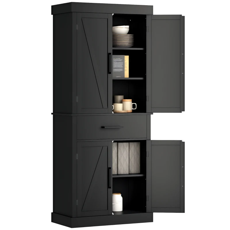 HOMCOM 72" Kitchen Storage Cabinet, Farmhouse Kitchen Pantry Cabinet with 4 Barn Doors, Drawer, Adjustable Shelves, Black