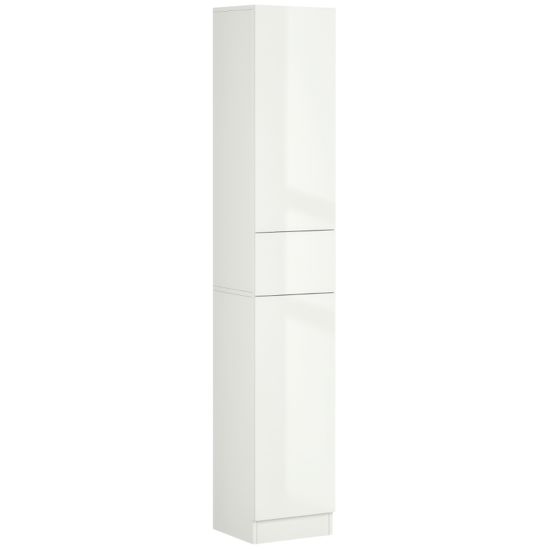 kleankin Tall Bathroom Cabinet, Narrow Bathroom Storage Cabinet with Doors, Drawer and Adjustable Shelves, High Gloss White