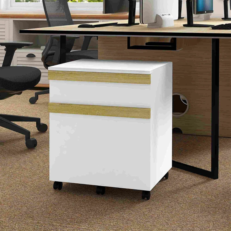 Vinsetto Mobile Filing Cabinet with 2 Drawers, Office Storage Cabinet with 5 Wheels, White Wood Grain