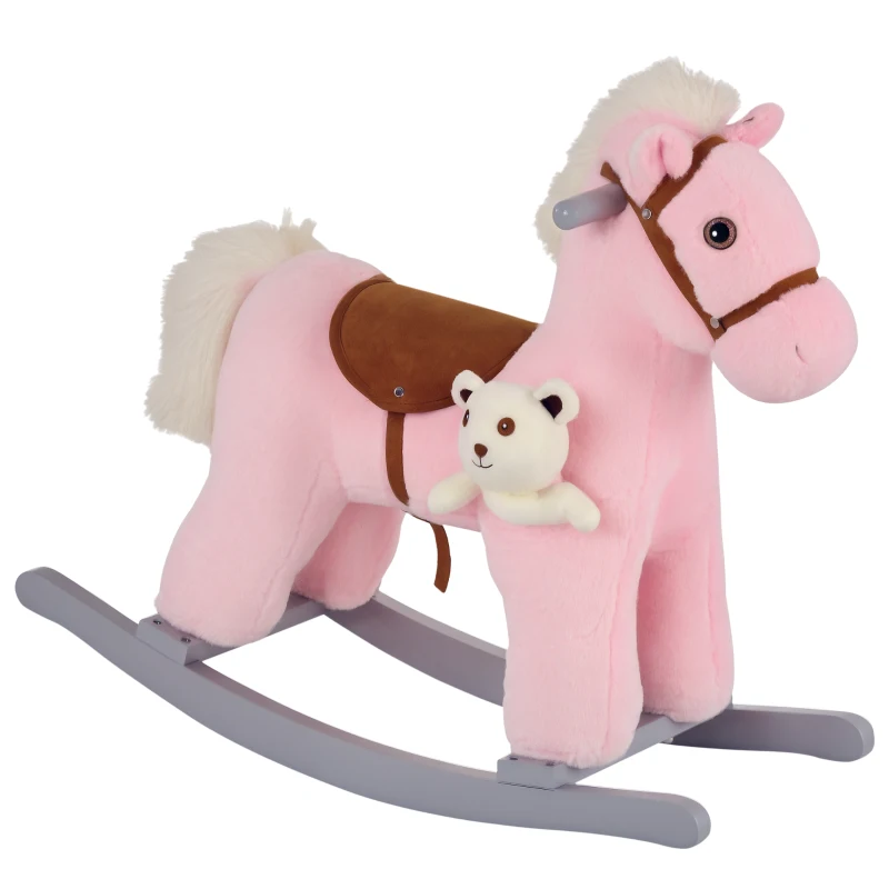 Qaba Kids Rocking Horse Plush Animal on Wooden Rockers with Sounds, Wooden Base and Bear Toy, Baby Rocking Chair, Pink