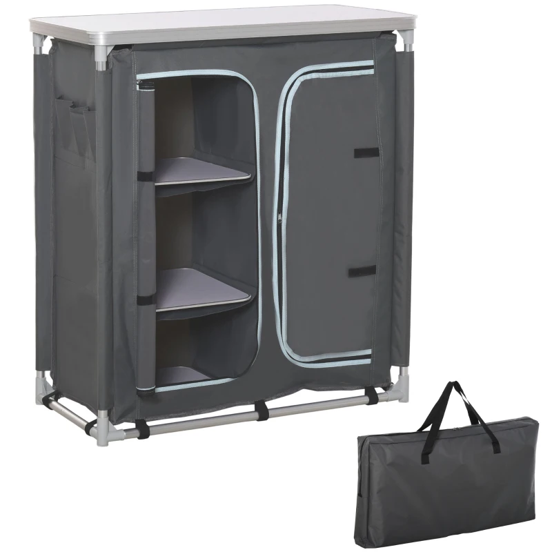 Outsunny Aluminum Camping Table, Camping Kitchen Station Cook Cupborad with 3-Shelf, Storage Organiser for BBQ Party Picnic Grey