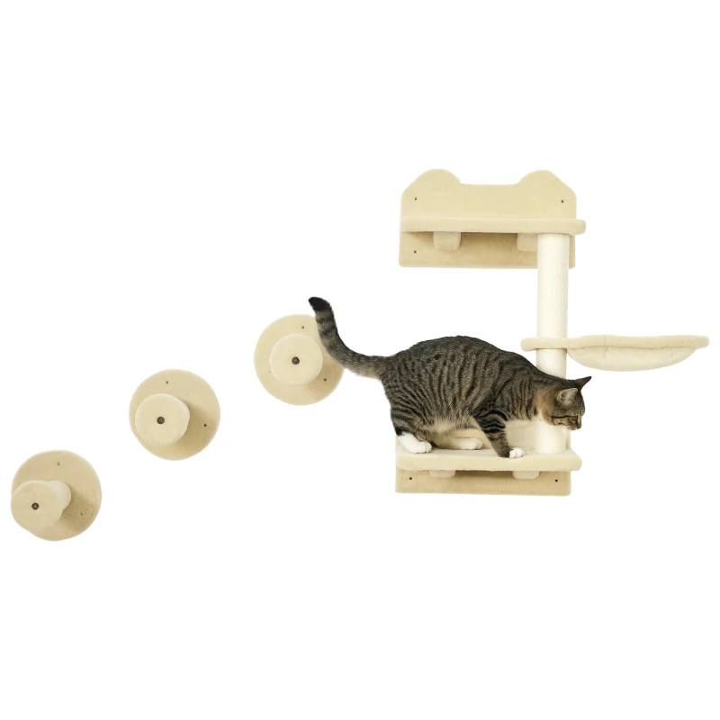 PawHut 4Pcs Cat Wall Shelf with Scratching Posts, Hammock, Steps, Platforms, Cat Shelves for Relaxing, Sleeping, Jumping, Cat Wall Climber for Indoor Cats, Beige