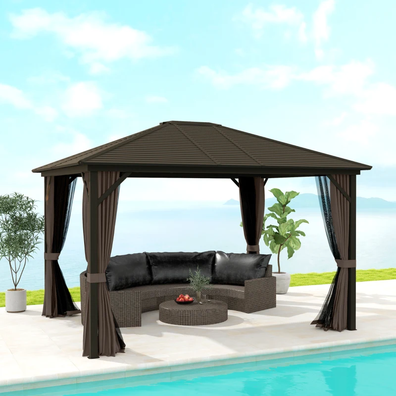 Outsunny 10' x 12' Deluxe Hardtop Gazebo Aluminum Frame Patio Gazebo Garden Sun Shelter Outdoor Pavilion, Coffee