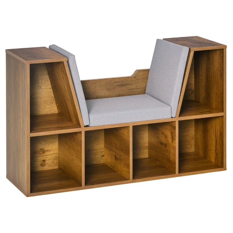 HOMCOM 6-Cubby Bookcase with Seat Cushion, Cube Storage Shelf with Reading Nook for Home Office, Study, Rustic Brown