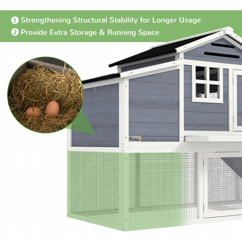 PawHut 76" Wooden Chicken Coop with Outdoor Run, Nesting Box, Removable Tray and Lockable Doors, Grey