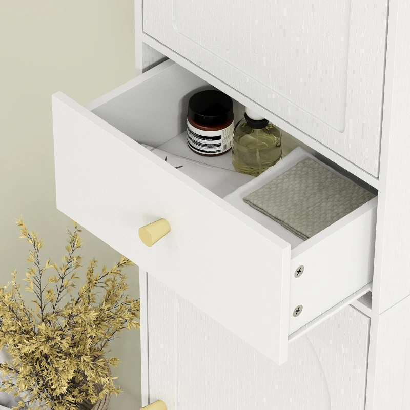 HOMCOM 67" Tall Bathroom Cabinet, Slim Bathroom Storage Cabinet with 2 Doors, Drawer and Adjustable Shelf, White Wood Grain