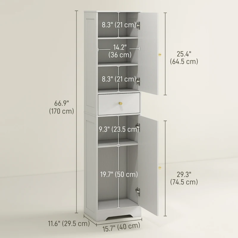 HOMCOM 67" Tall Bathroom Cabinet, Slim Bathroom Storage Cabinet with 2 Doors, Drawer and Adjustable Shelf, White Wood Grain