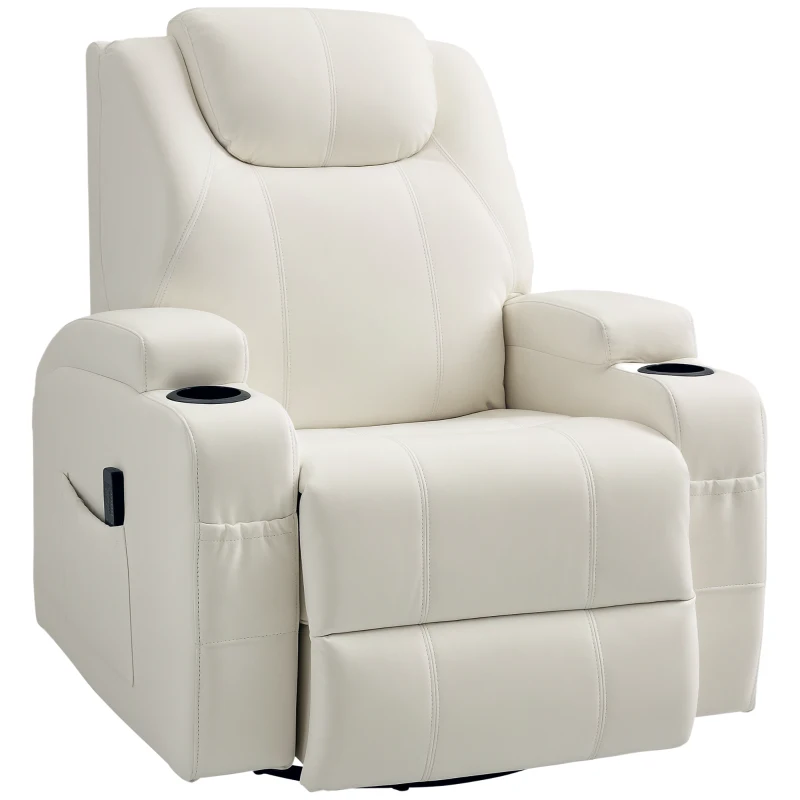 HOMCOM Massage Recliner Chair, Swivel Nursery Rocker Chair, Manual Reclining Sofa with 8 Vibration Points, PU Leather, Cup Holders, Side Pockets, for Living Room, Cream White