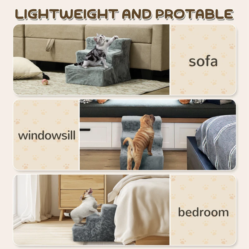 PawHut 3-Step Dog Ramp for Sofa, Bed, and Couch, with Removable Cover, Light Grey