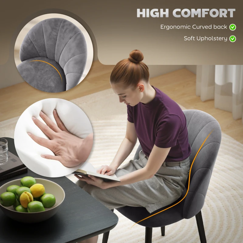 HOMCOM Armless Dining Chairs with Curved Backrest, Velvet-feel Accent Chairs for Kitchen, Living Room, Guest Room, Grey