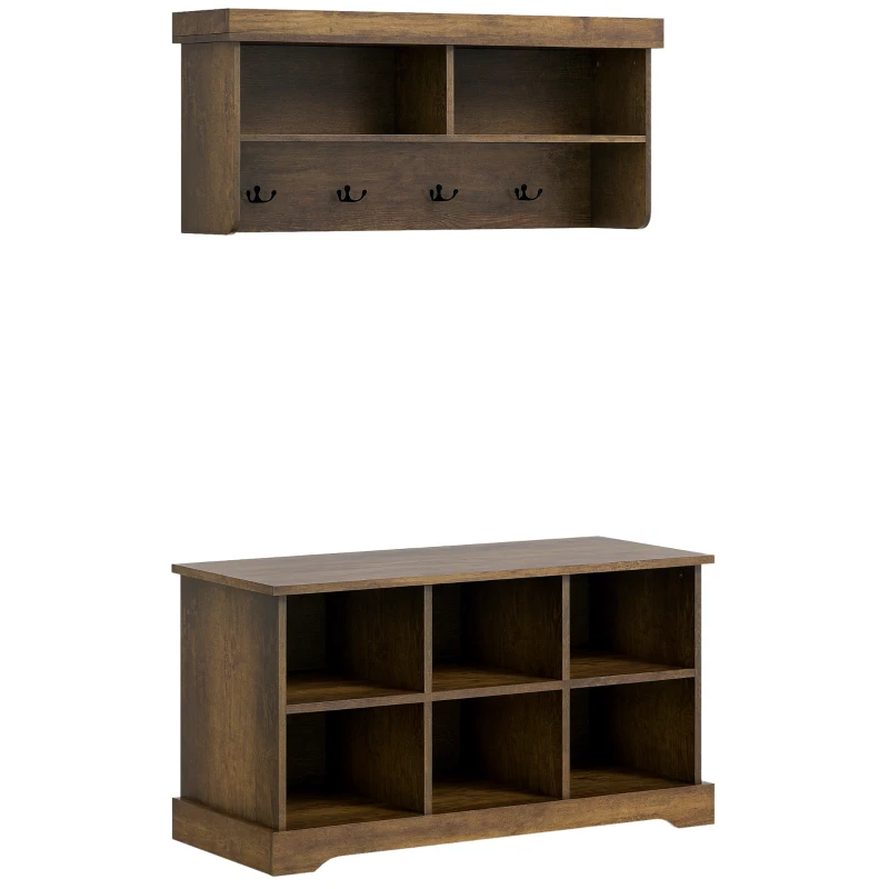 HOMCOM Coat Rack Shoe Bench Set, Entryway Shoe Bench with 8 Storage Cubbies, 4 Hooks for Hallway, Living Room, Rustic Brown