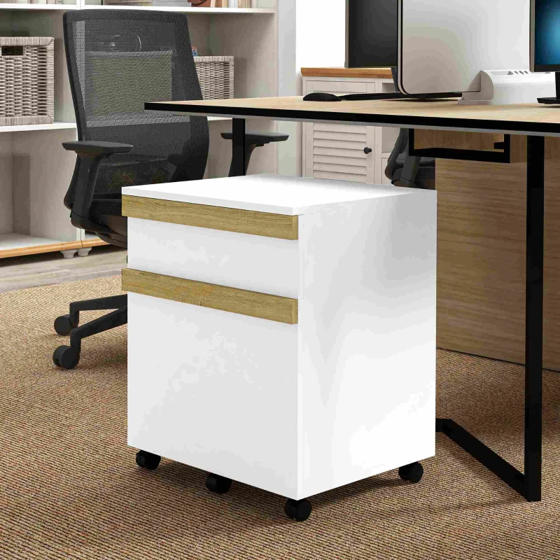 Vinsetto Mobile Filing Cabinet with 2 Drawers, Office Storage Cabinet with 5 Wheels, White Wood Grain