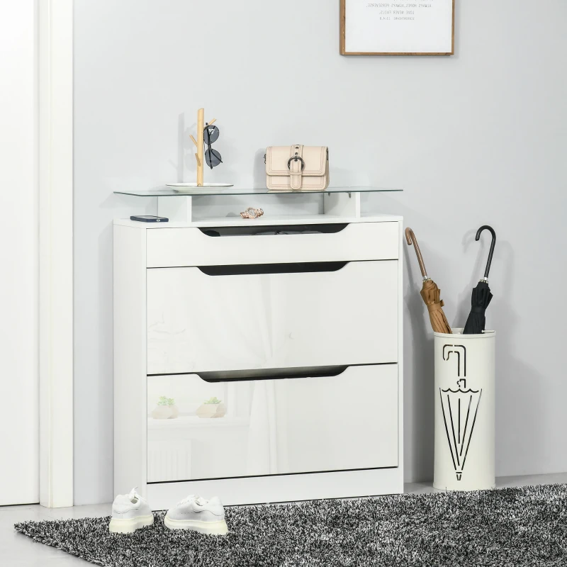 HOMCOM High Gloss Shoe Cabinet with 2 Flip Drawers and Adjustable Shelves, Narrow Shoe Storage Cabinet with Glass Top, White