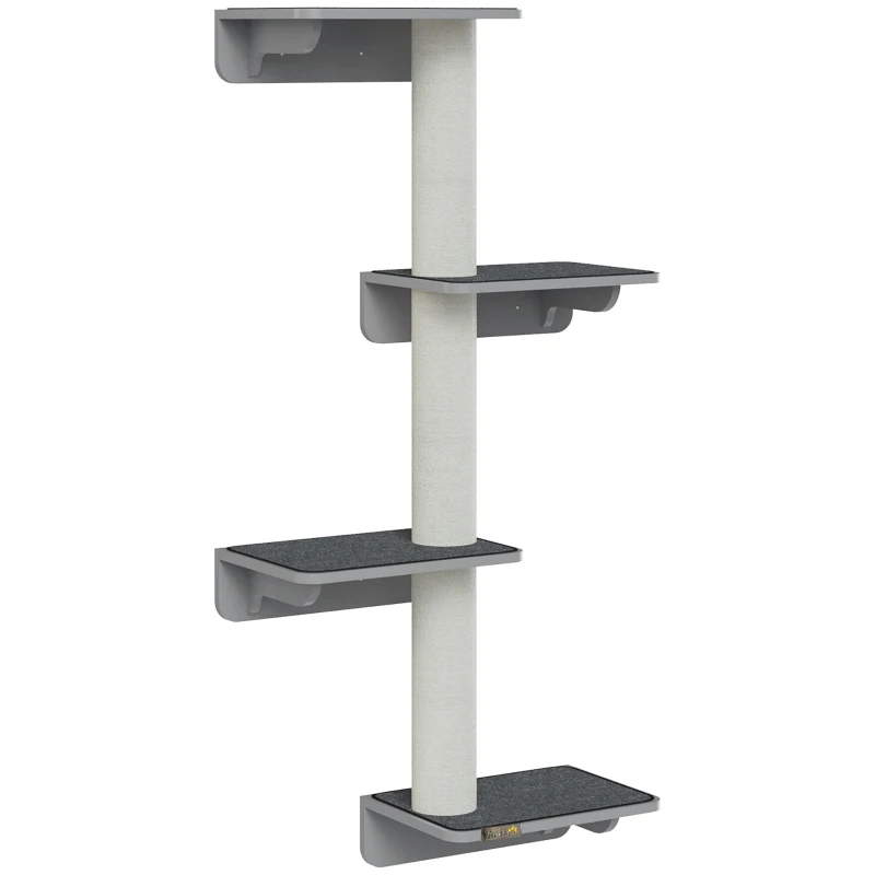 PawHut Wall-Mounted Cat Shelf with 4 Platforms and 3 Scratching Posts, Cat Wall Climber for Climbing and Lounging, Light Grey