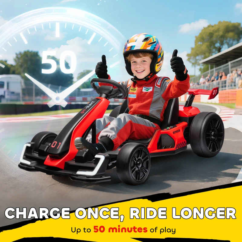 Aosom 24V Electric Go Kart, Battery Powered Kids Drift Kart with Adjustable Seat, Seat Belt, Horn, Music, Light, Red