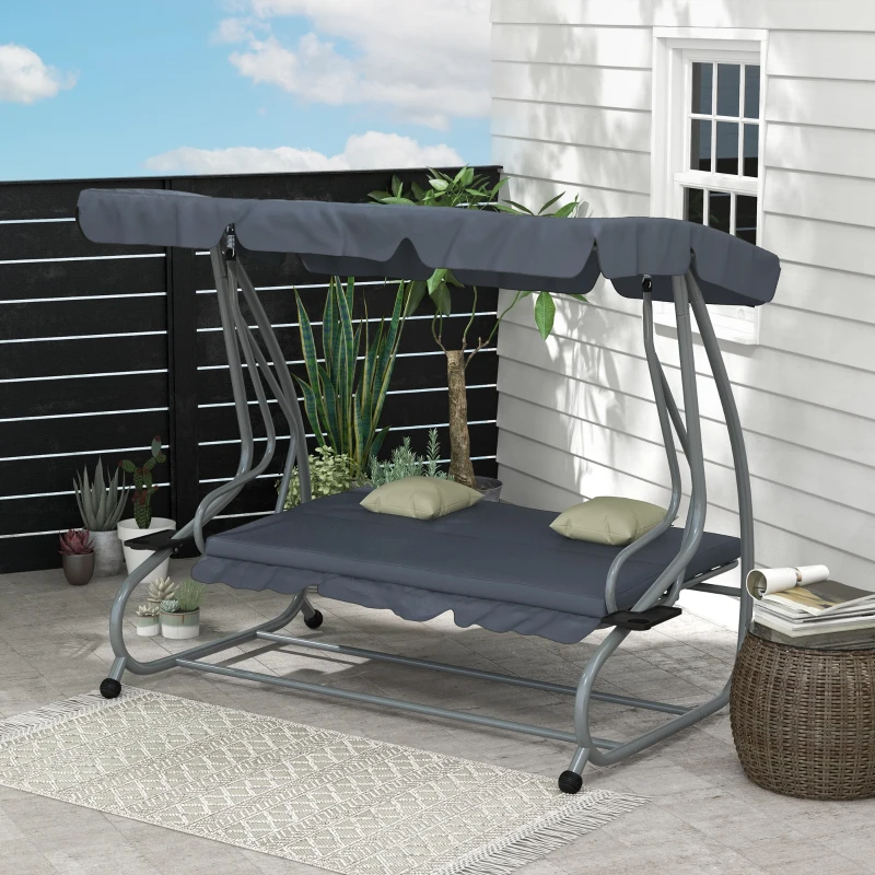 Outsunny 3-Seat Outdoor Patio Swing Canopy Chair, Converting Flat Bed with Adjustable Shade, Cushions, Cup Holder, Dark Grey