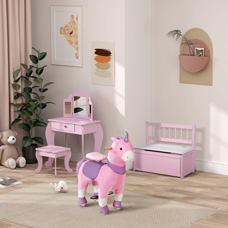 Qaba Kids Vanity Table and Stool, Makeup Vanity Girls Dressing Table Set with Tri-folding Mirrors Drawer Star and Heart Pattern, Pink