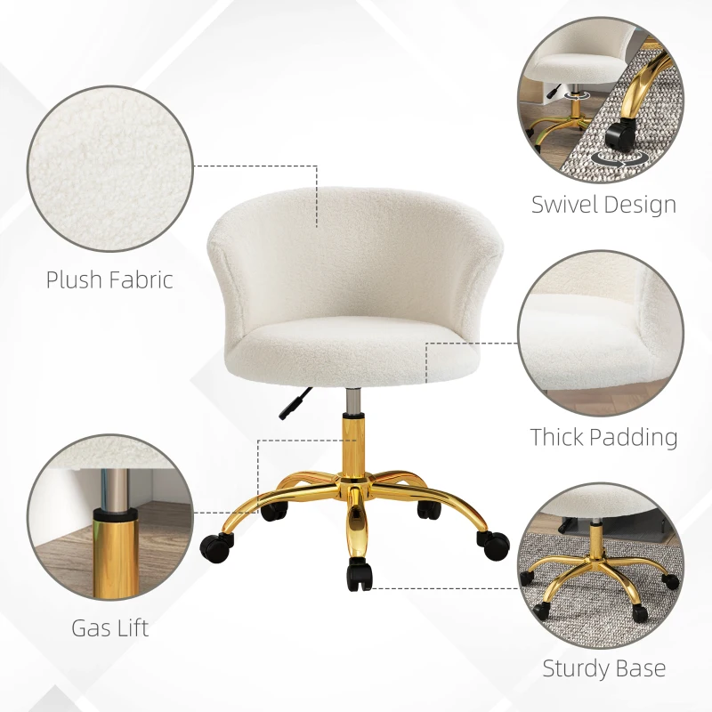 Vinsetto Armless Office Chair, Fluffy Computer Desk Chair with Adjustable Height, Swivel Wheels, Mid Back, Gold