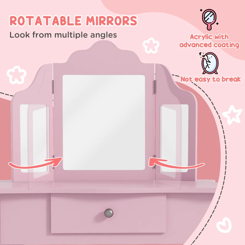 Qaba Kids Vanity Table and Stool, Makeup Vanity Girls Dressing Table Set with Tri-folding Mirrors Drawer Star and Heart Pattern, Pink