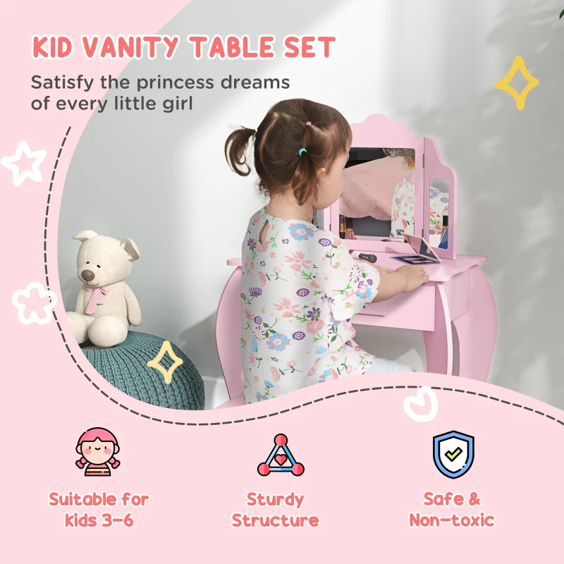 Qaba Kids Vanity Table and Stool, Makeup Vanity Girls Dressing Table Set with Tri-folding Mirrors Drawer Star and Heart Pattern, Pink