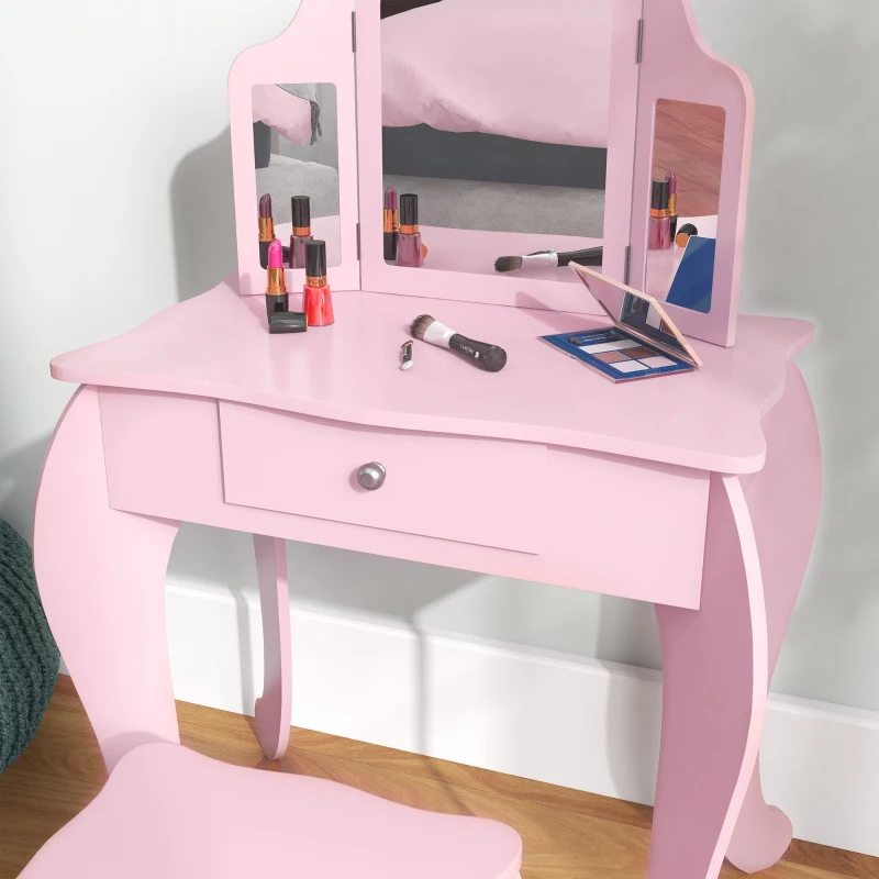 Qaba Kids Vanity Table and Stool, Makeup Vanity Girls Dressing Table Set with Tri-folding Mirrors Drawer Star and Heart Pattern, Pink