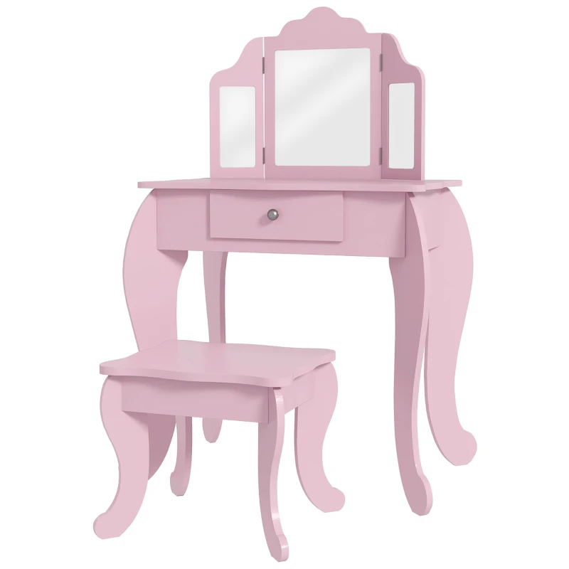 Qaba Kids Vanity Table and Stool, Makeup Vanity Girls Dressing Table Set with Tri-folding Mirrors Drawer Star and Heart Pattern, Pink