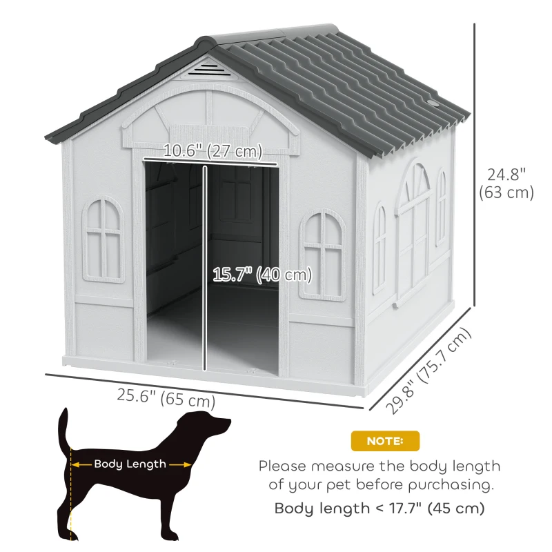PawHut 26" Plastic Dog House Outdoor with Air Vents, for Small Medium Dogs, Grey