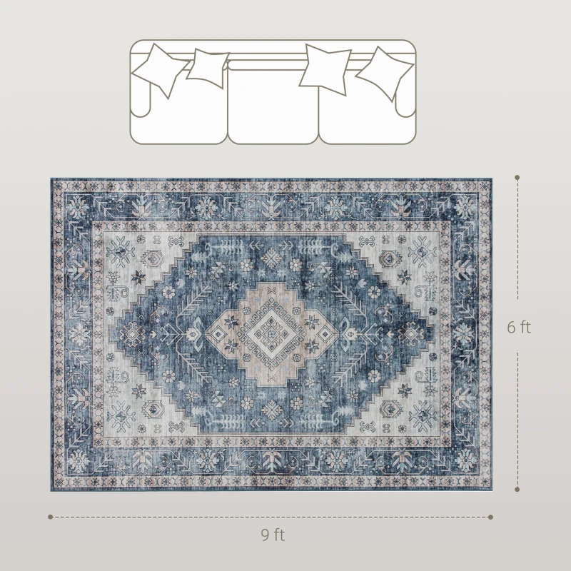 HOMCOM 6x9 Area Rug, Vintage Machine Washable Rug, Non-Slip Floor Carpet for Living Room, Bedroom, Dining Room, Blue